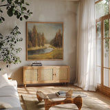 Landscape Trio III by Danhui Nai. Shown in a natural wood frame in a cozy modern living room. Available as an archival giclee rolled canvas, fine art paper, or poster print. SKU 22004a.