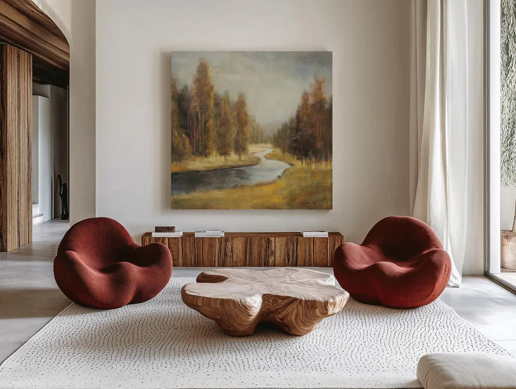 Landscape Trio III by Danhui Nai. Shown as extra-large giant wall art in a modern living room. Available as an archival giclee rolled canvas, fine art paper, or poster print. SKU 22004a.