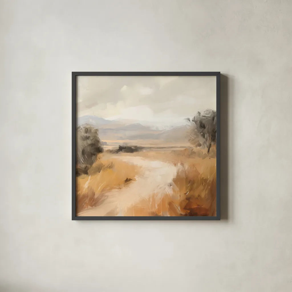 Landscape in Yellow Ochre by Danhui Nai. Shown in a sleek black glass frame for a contemporary gallery look. Available as an archival giclee rolled canvas, fine art paper, or poster print. SKU 88417a.