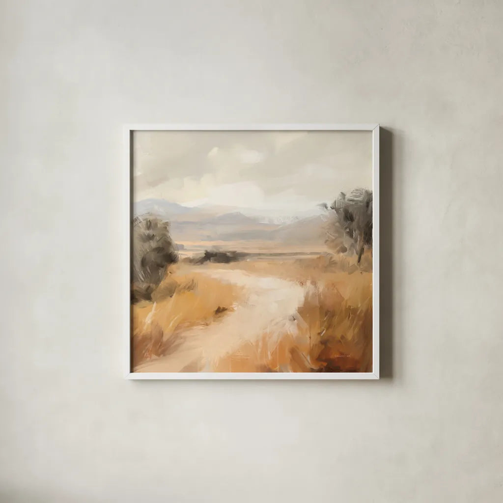 Landscape in Yellow Ochre by Danhui Nai. Shown in a crisp white glass frame for a clean and minimalist style. Available as an archival giclee rolled canvas, fine art paper, or poster print. SKU 88417a.