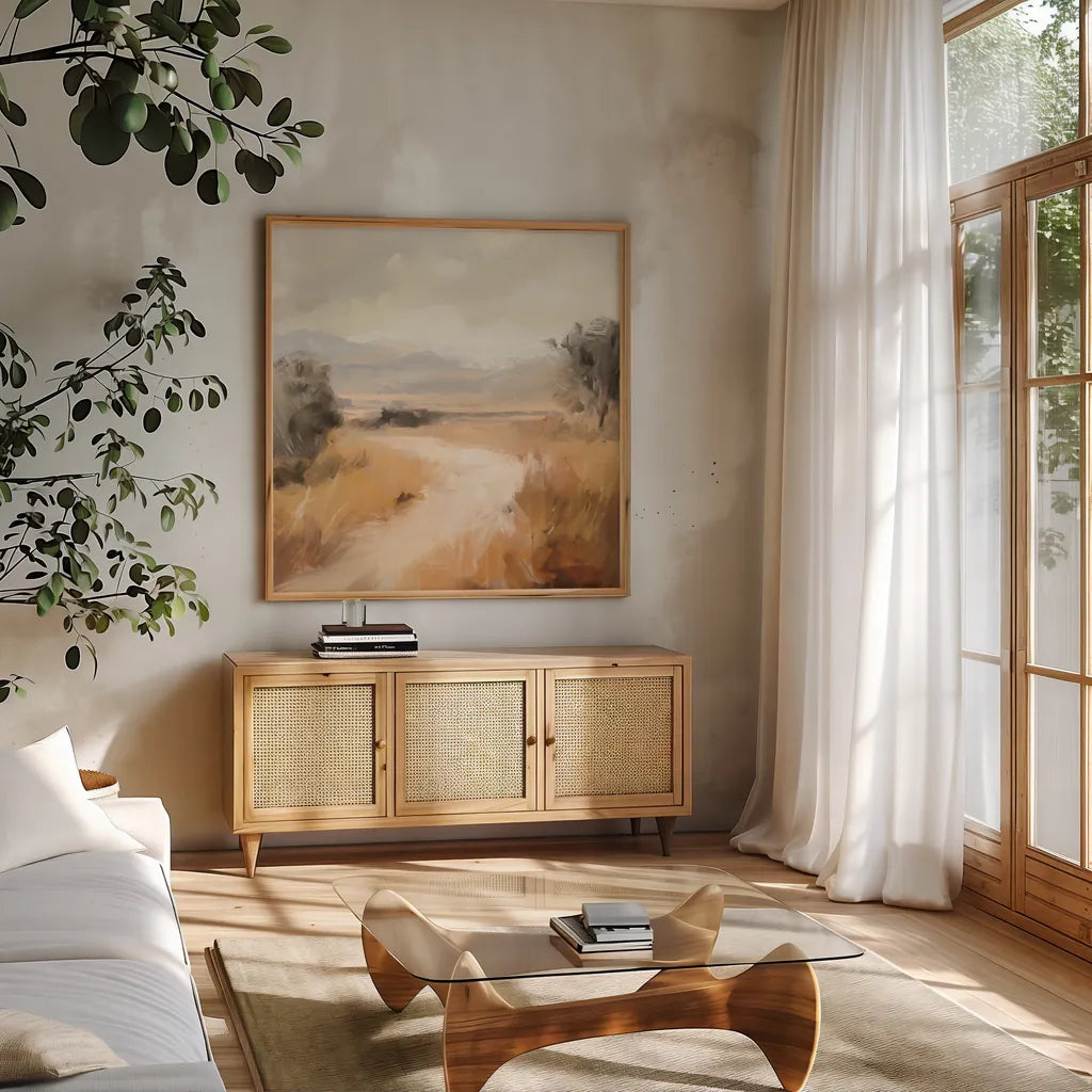 Landscape in Yellow Ochre by Danhui Nai. Shown in a natural wood frame in a cozy modern living room. Available as an archival giclee rolled canvas, fine art paper, or poster print. SKU 88417a.