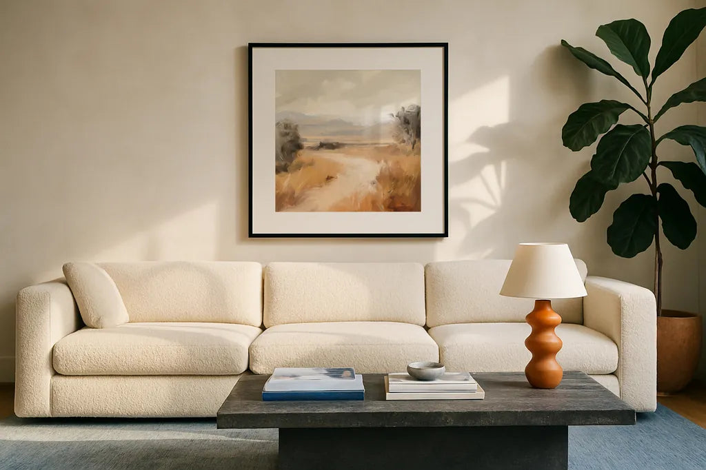 Landscape in Yellow Ochre by Danhui Nai. Displayed in a glass frame with matte in a clean modern living room. Available as an archival giclee rolled canvas, fine art paper, or poster print. SKU 88417a.