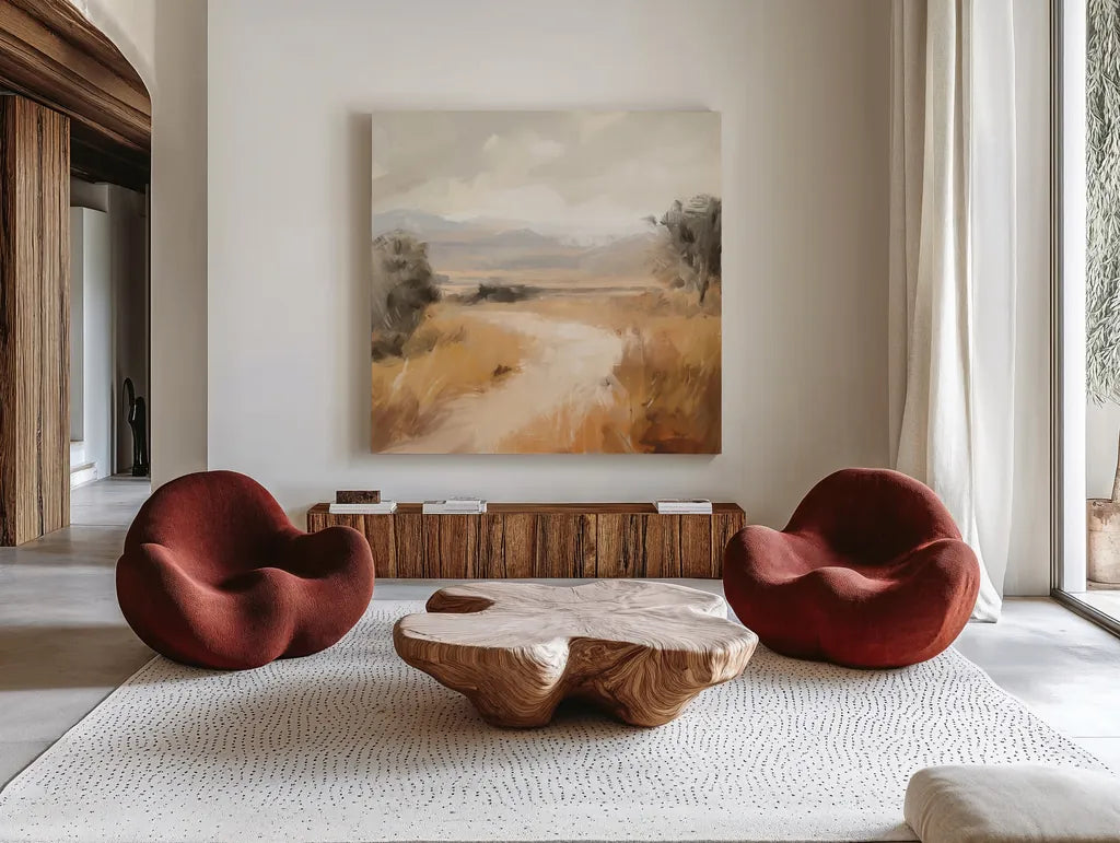 Landscape in Yellow Ochre by Danhui Nai. Shown as extra-large giant wall art in a modern living room. Available as an archival giclee rolled canvas, fine art paper, or poster print. SKU 88417a.