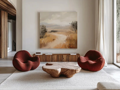 Landscape in Yellow Ochre by Danhui Nai. Shown as extra-large giant wall art in a modern living room. Available as an archival giclee rolled canvas, fine art paper, or poster print. SKU 88417a.