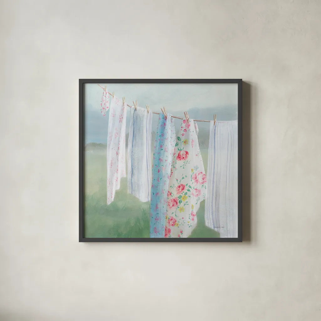 Laundry Day I by Danhui Nai. Shown in a sleek black glass frame for a contemporary gallery look. Available as an archival giclee rolled canvas, fine art paper, or poster print. SKU 73583a.