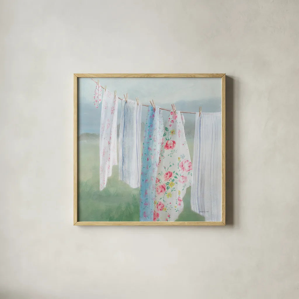 Laundry Day I by Danhui Nai. Shown in a natural wood glass frame for a timeless modern aesthetic. Available as an archival giclee rolled canvas, fine art paper, or poster print. SKU 73583a.