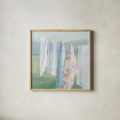 Laundry Day I by Danhui Nai. Shown in a natural wood glass frame for a timeless modern aesthetic. Available as an archival giclee rolled canvas, fine art paper, or poster print. SKU 73583a.