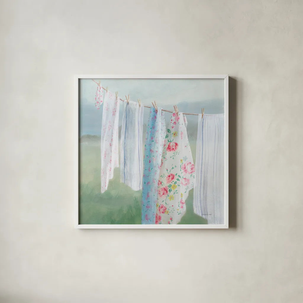 Laundry Day I by Danhui Nai. Shown in a crisp white glass frame for a clean and minimalist style. Available as an archival giclee rolled canvas, fine art paper, or poster print. SKU 73583a.
