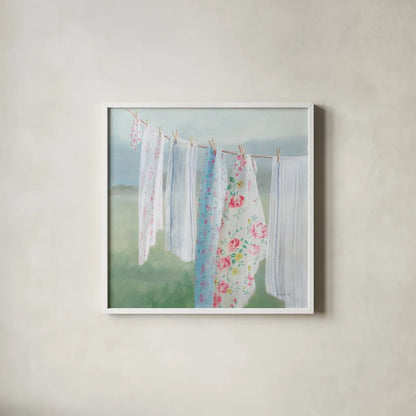 Laundry Day I by Danhui Nai. Shown in a crisp white glass frame for a clean and minimalist style. Available as an archival giclee rolled canvas, fine art paper, or poster print. SKU 73583a.
