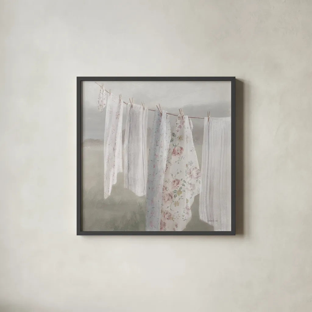 Laundry Day I Neutral by Danhui Nai. Shown in a sleek black glass frame for a contemporary gallery look. Available as an archival giclee rolled canvas, fine art paper, or poster print. SKU 86424a.