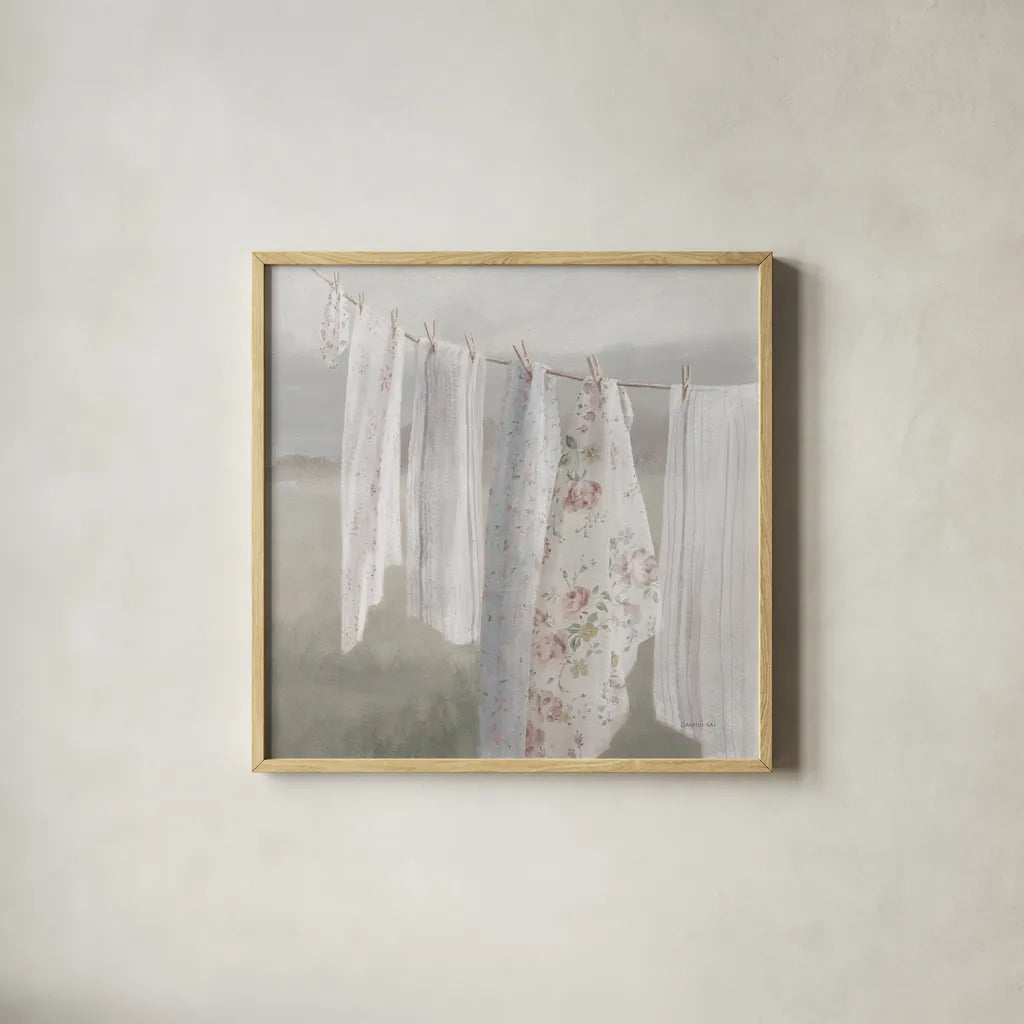 Laundry Day I Neutral by Danhui Nai. Shown in a natural wood glass frame for a timeless modern aesthetic. Available as an archival giclee rolled canvas, fine art paper, or poster print. SKU 86424a.
