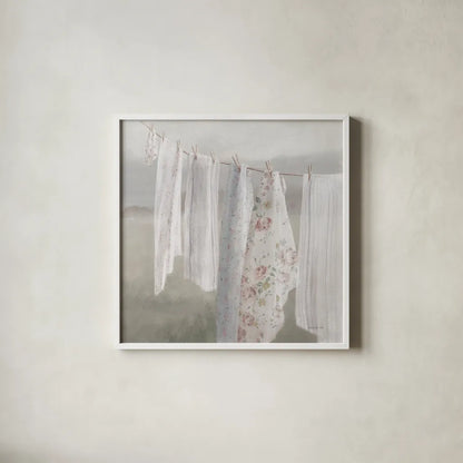 Laundry Day I Neutral by Danhui Nai. Shown in a crisp white glass frame for a clean and minimalist style. Available as an archival giclee rolled canvas, fine art paper, or poster print. SKU 86424a.