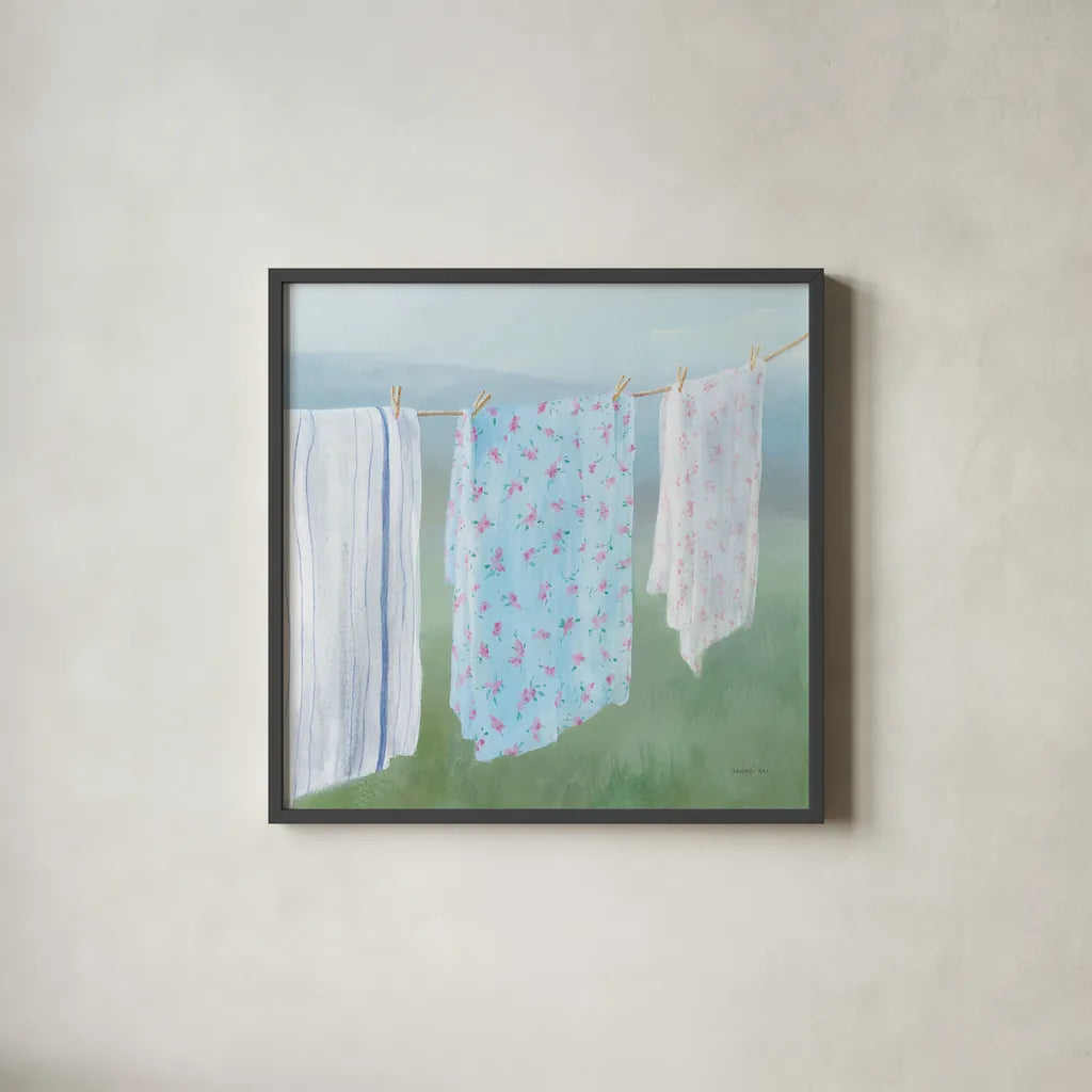 Laundry Day II by Danhui Nai. Shown in a sleek black glass frame for a contemporary gallery look. Available as an archival giclee rolled canvas, fine art paper, or poster print. SKU 73584a.
