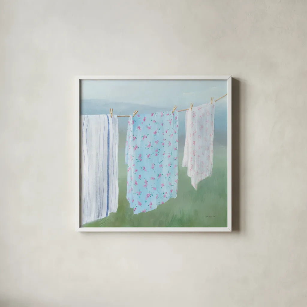 Laundry Day II by Danhui Nai. Shown in a crisp white glass frame for a clean and minimalist style. Available as an archival giclee rolled canvas, fine art paper, or poster print. SKU 73584a.