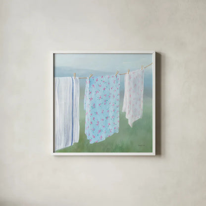 Laundry Day II by Danhui Nai. Shown in a crisp white glass frame for a clean and minimalist style. Available as an archival giclee rolled canvas, fine art paper, or poster print. SKU 73584a.