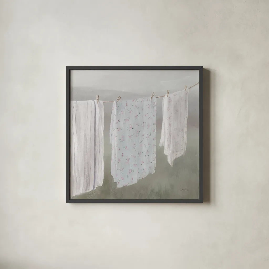 Laundry Day II Neutral by Danhui Nai. Shown in a sleek black glass frame for a contemporary gallery look. Available as an archival giclee rolled canvas, fine art paper, or poster print. SKU 86425a.