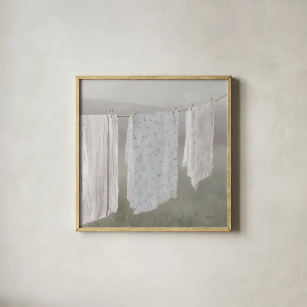 Laundry Day II Neutral by Danhui Nai. Shown in a natural wood glass frame for a timeless modern aesthetic. Available as an archival giclee rolled canvas, fine art paper, or poster print. SKU 86425a.