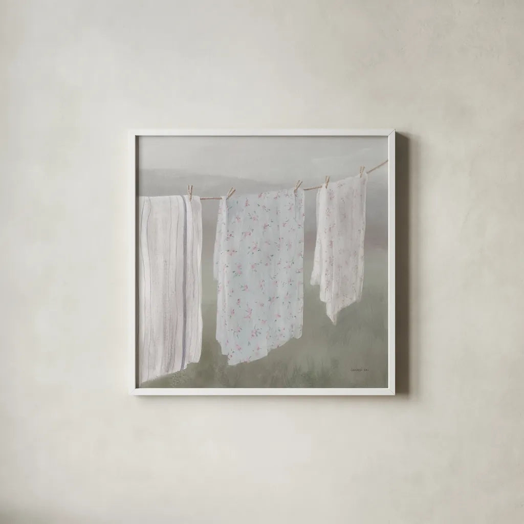 Laundry Day II Neutral by Danhui Nai. Shown in a crisp white glass frame for a clean and minimalist style. Available as an archival giclee rolled canvas, fine art paper, or poster print. SKU 86425a.