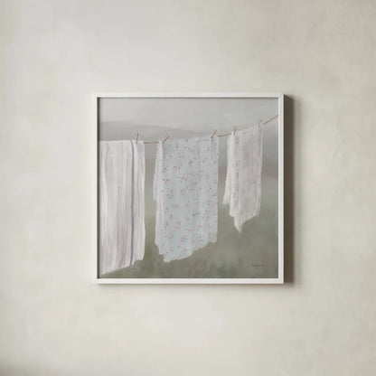 Laundry Day II Neutral by Danhui Nai. Shown in a crisp white glass frame for a clean and minimalist style. Available as an archival giclee rolled canvas, fine art paper, or poster print. SKU 86425a.