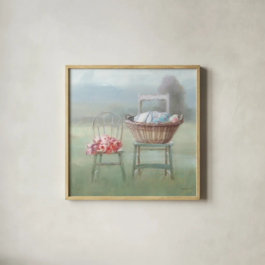 Laundry Day III by Danhui Nai. Shown in a natural wood glass frame for a timeless modern aesthetic. Available as an archival giclee rolled canvas, fine art paper, or poster print. SKU 73585a.