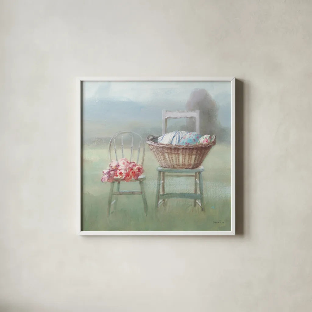 Laundry Day III by Danhui Nai. Shown in a crisp white glass frame for a clean and minimalist style. Available as an archival giclee rolled canvas, fine art paper, or poster print. SKU 73585a.