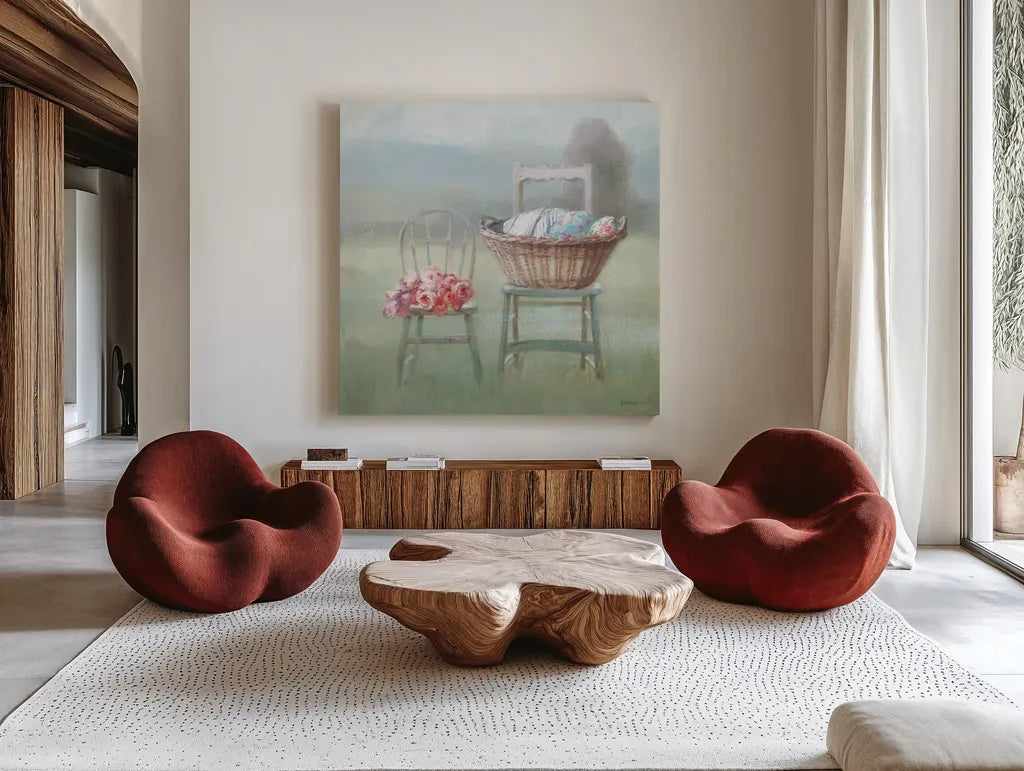 Laundry Day III by Danhui Nai. Shown as extra-large giant wall art in a modern living room. Available as an archival giclee rolled canvas, fine art paper, or poster print. SKU 73585a.