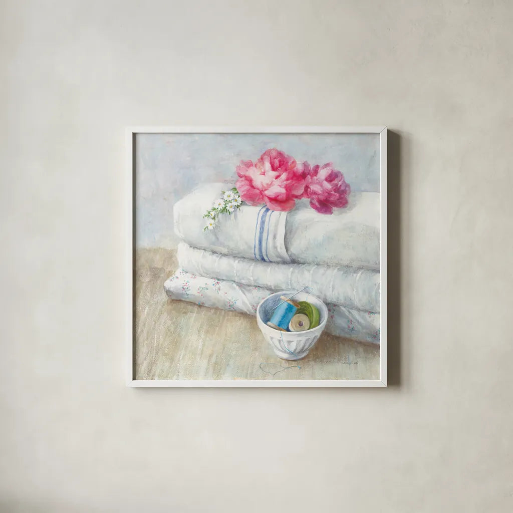 Laundry Day IV by Danhui Nai. Shown in a crisp white glass frame for a clean and minimalist style. Available as an archival giclee rolled canvas, fine art paper, or poster print. SKU 73586a.