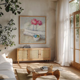 Laundry Day IV by Danhui Nai. Shown in a natural wood frame in a cozy modern living room. Available as an archival giclee rolled canvas, fine art paper, or poster print. SKU 73586a.
