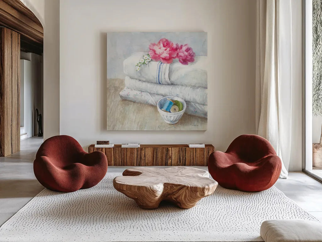 Laundry Day IV by Danhui Nai. Shown as extra-large giant wall art in a modern living room. Available as an archival giclee rolled canvas, fine art paper, or poster print. SKU 73586a.