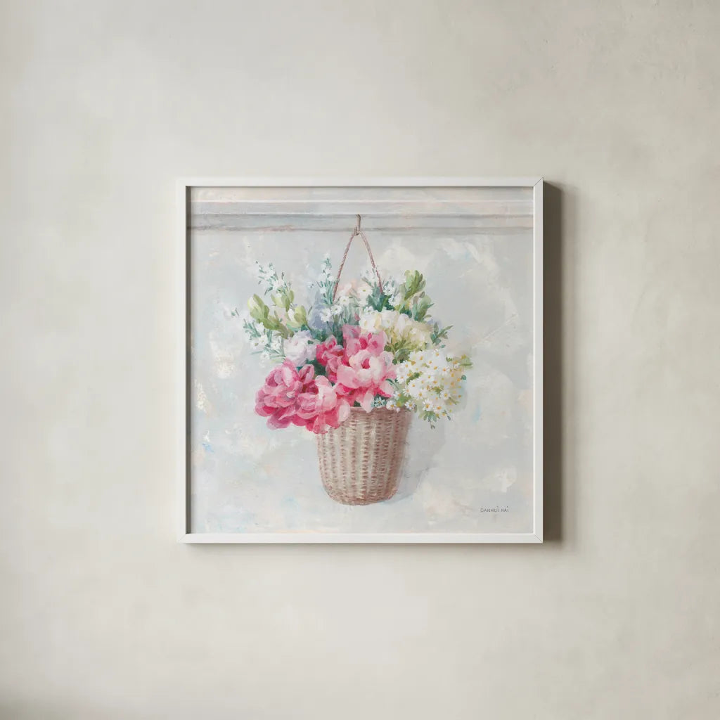 Laundry Day V by Danhui Nai. Shown in a crisp white glass frame for a clean and minimalist style. Available as an archival giclee rolled canvas, fine art paper, or poster print. SKU 73587a.