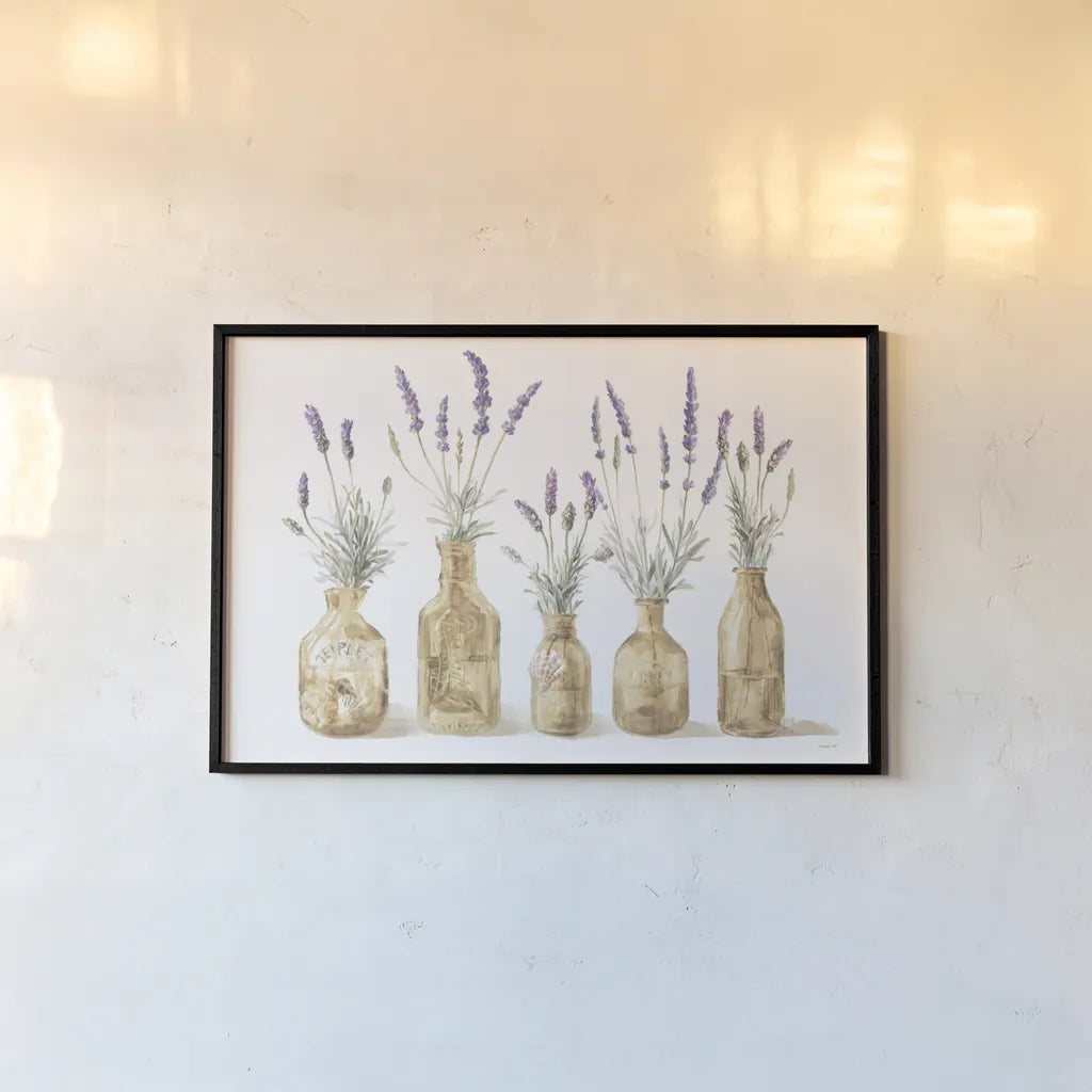 Lavender in Amber Glass by Danhui Nai. shown as a paper print in a black flame. Available as a archival giclee rolled canvas, fine art paper, or poster print. SKU 82240i.