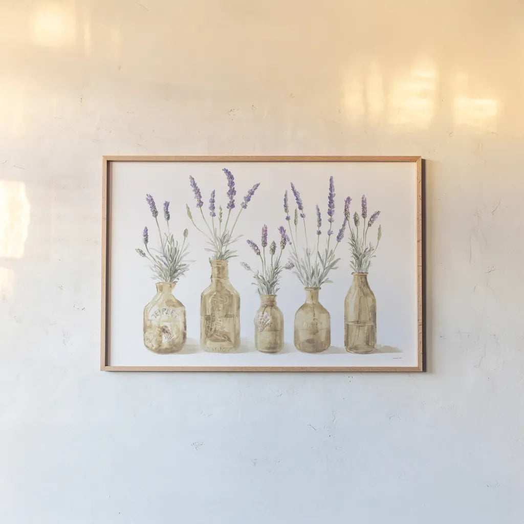 Lavender in Amber Glass by Danhui Nai. shown as a paper print in a natural frame. Available as a archival giclee rolled canvas, fine art paper, or poster print. SKU 82240i.