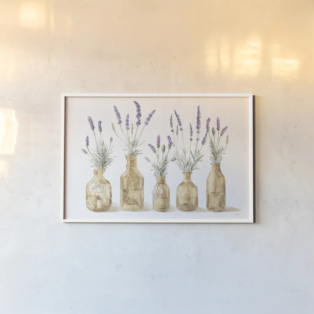 Lavender in Amber Glass by Danhui Nai. shown as a paper print in a white frame. Available as a archival giclee rolled canvas, fine art paper, or poster print. SKU 82240i.
