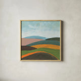Layered Hills by Danhui Nai. Shown in a natural wood glass frame for a timeless modern aesthetic. Available as an archival giclee rolled canvas, fine art paper, or poster print. SKU 82551a.