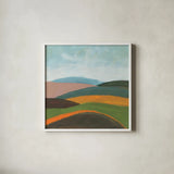Layered Hills by Danhui Nai. Shown in a crisp white glass frame for a clean and minimalist style. Available as an archival giclee rolled canvas, fine art paper, or poster print. SKU 82551a.