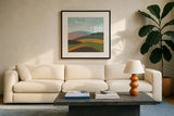 Layered Hills by Danhui Nai. Displayed in a glass frame with matte in a clean modern living room. Available as an archival giclee rolled canvas, fine art paper, or poster print. SKU 82551a.