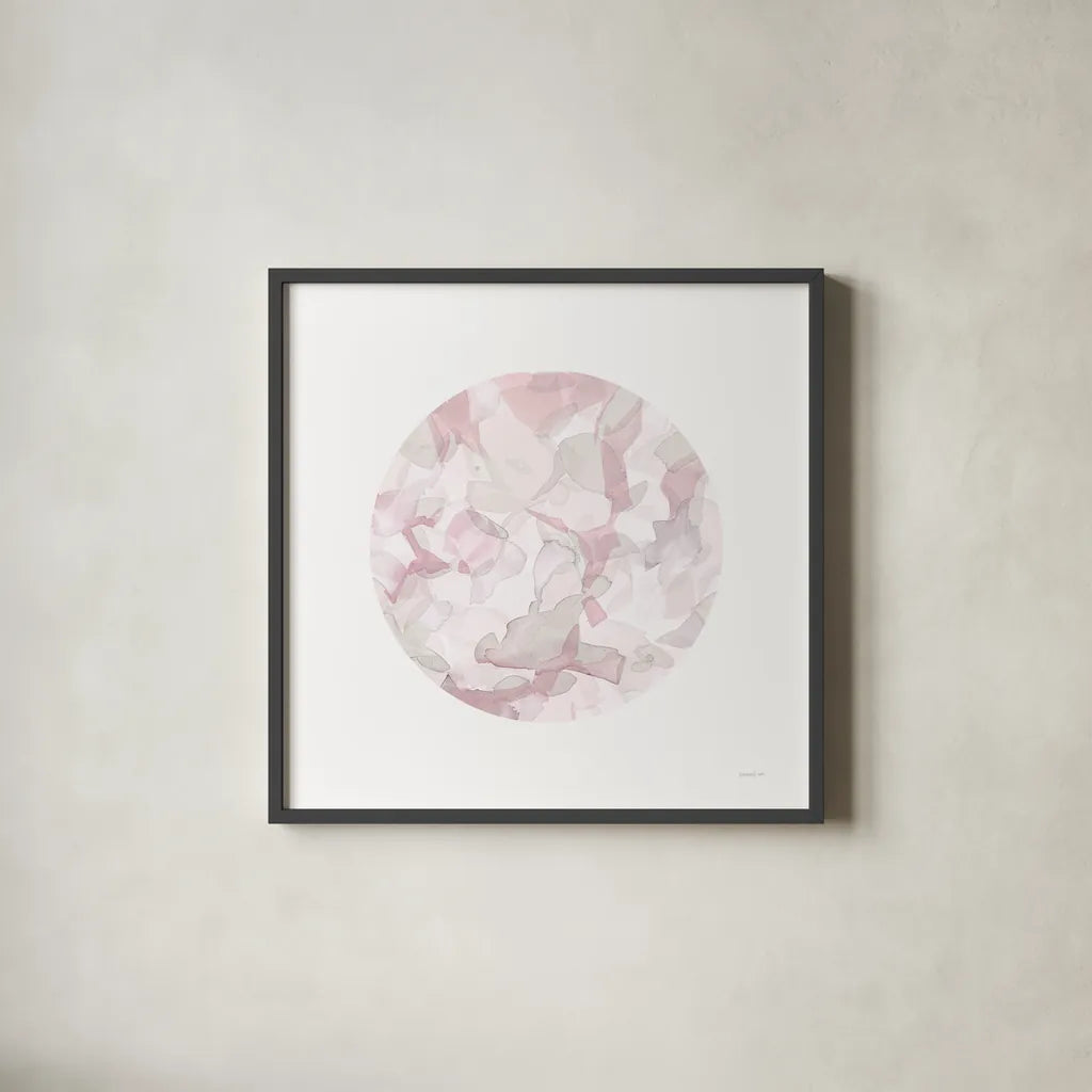 Leafy Abstract Circle II Blush Gray by Danhui Nai. Shown in a sleek black glass frame for a contemporary gallery look. Available as an archival giclee rolled canvas, fine art paper, or poster print. SKU 41997a.