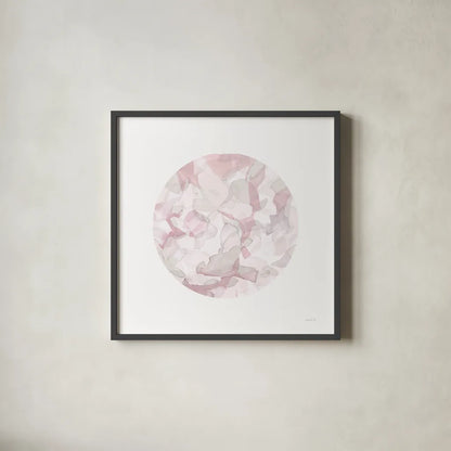 Leafy Abstract Circle II Blush Gray by Danhui Nai. Shown in a sleek black glass frame for a contemporary gallery look. Available as an archival giclee rolled canvas, fine art paper, or poster print. SKU 41997a.