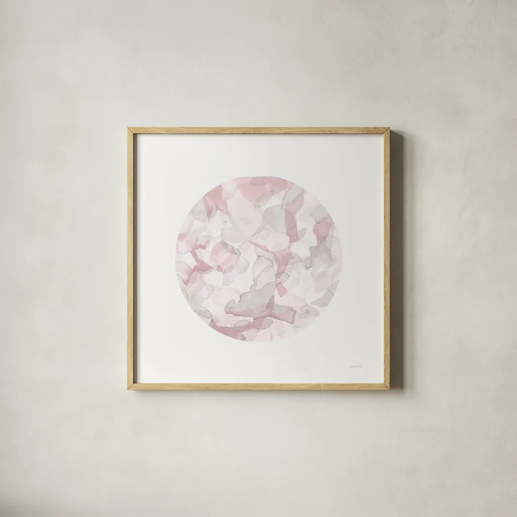 Leafy Abstract Circle II Blush Gray by Danhui Nai. Shown in a natural wood glass frame for a timeless modern aesthetic. Available as an archival giclee rolled canvas, fine art paper, or poster print. SKU 41997a.