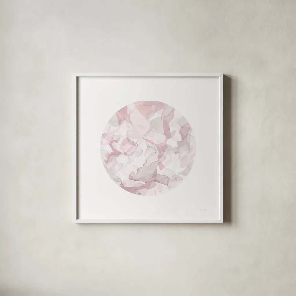 Leafy Abstract Circle II Blush Gray by Danhui Nai. Shown in a crisp white glass frame for a clean and minimalist style. Available as an archival giclee rolled canvas, fine art paper, or poster print. SKU 41997a.