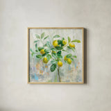 Lemon Branch by Danhui Nai. Shown in a natural wood glass frame for a timeless modern aesthetic. Available as an archival giclee rolled canvas, fine art paper, or poster print. SKU 48295a.