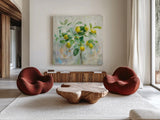 Lemon Branch by Danhui Nai. Shown as extra-large giant wall art in a modern living room. Available as an archival giclee rolled canvas, fine art paper, or poster print. SKU 48295a.