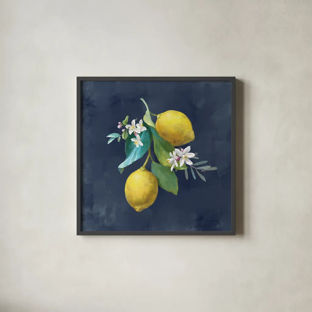 Lemon Branches II by Danhui Nai. Shown in a sleek black glass frame for a contemporary gallery look. Available as an archival giclee rolled canvas, fine art paper, or poster print. SKU 88613a.