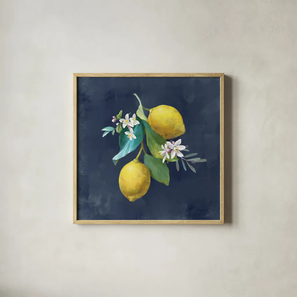Lemon Branches II by Danhui Nai. Shown in a natural wood glass frame for a timeless modern aesthetic. Available as an archival giclee rolled canvas, fine art paper, or poster print. SKU 88613a.