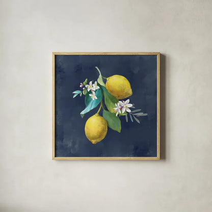 Lemon Branches II by Danhui Nai. Shown in a natural wood glass frame for a timeless modern aesthetic. Available as an archival giclee rolled canvas, fine art paper, or poster print. SKU 88613a.