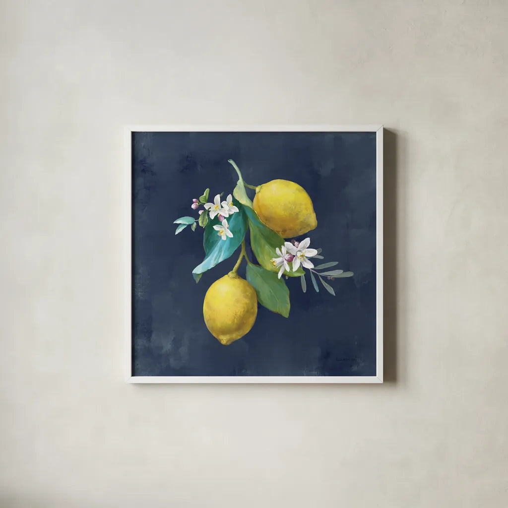 Lemon Branches II by Danhui Nai. Shown in a crisp white glass frame for a clean and minimalist style. Available as an archival giclee rolled canvas, fine art paper, or poster print. SKU 88613a.