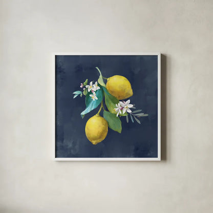 Lemon Branches II by Danhui Nai. Shown in a crisp white glass frame for a clean and minimalist style. Available as an archival giclee rolled canvas, fine art paper, or poster print. SKU 88613a.