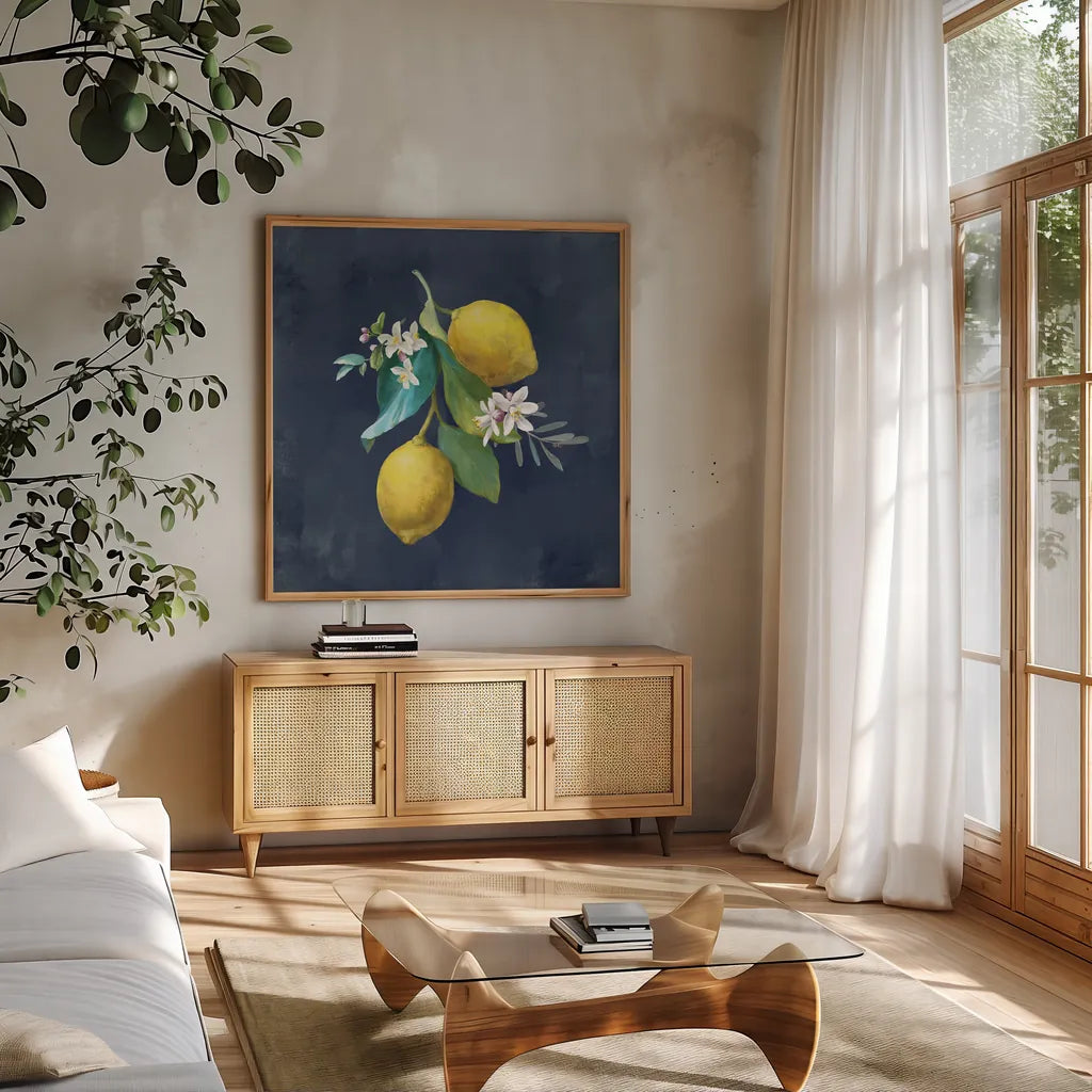 Lemon Branches II by Danhui Nai. Shown in a natural wood frame in a cozy modern living room. Available as an archival giclee rolled canvas, fine art paper, or poster print. SKU 88613a.