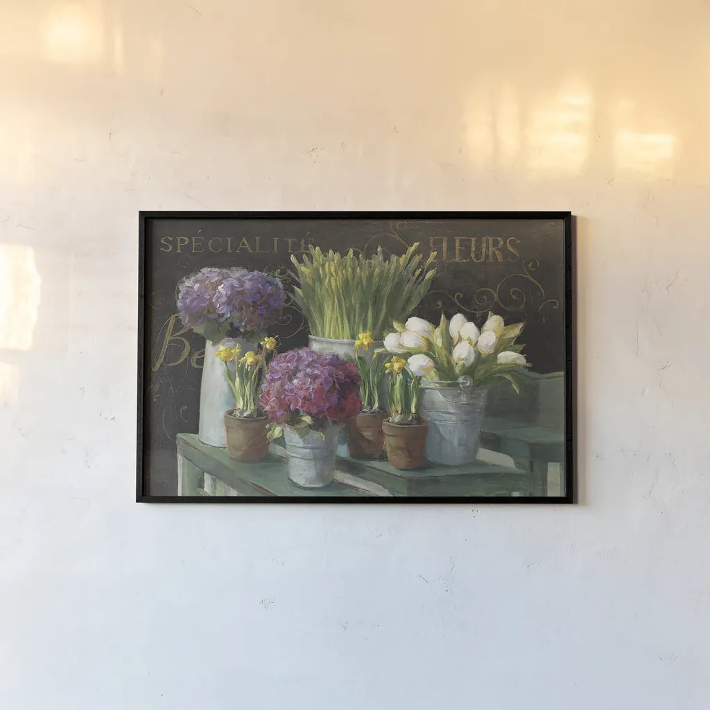 Les Fleurs Printemps on Black by Danhui Nai. shown as a paper print in a black flame. Available as a archival giclee rolled canvas, fine art paper, or poster print. SKU 24674i.