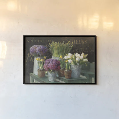 Les Fleurs Printemps on Black by Danhui Nai. shown as a paper print in a black flame. Available as a archival giclee rolled canvas, fine art paper, or poster print. SKU 24674i.